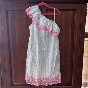 Vineyard Vines Blue & White Stripe One-Shoulder Dress with Pink Trim